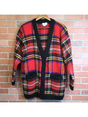 Vintage Mark Fore & Strike Mohair Blend Plaid Oversized Cardigan Sweater Size M